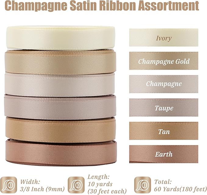 Champagne Gold Ribbon 3/8 Inch, Double Face Satin Ribbon 6 Rolls 60 Yards, Thin Champagne Ribbon for Wedding Invitations, Gift Wrapping, Hair Bows, Crafts, Party Decor