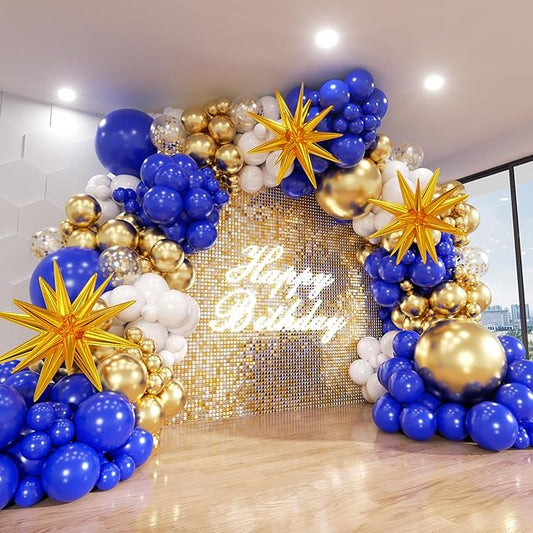 Blue and Gold Balloon Arch Kit, Explosion Star Royal Dark Blue and Metallic Gold White Balloons 22 18 12 10 5 Inch Different Size Balloons for Anniversary Wedding New Year Birthday Decorations