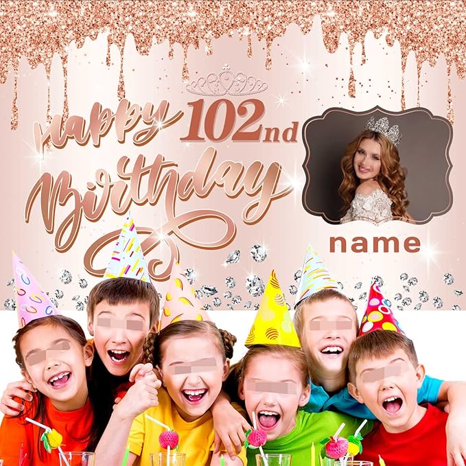 Customizable Rose Gold Happy 102nd Birthday Decoration Banner - Personalized with Name and Photo