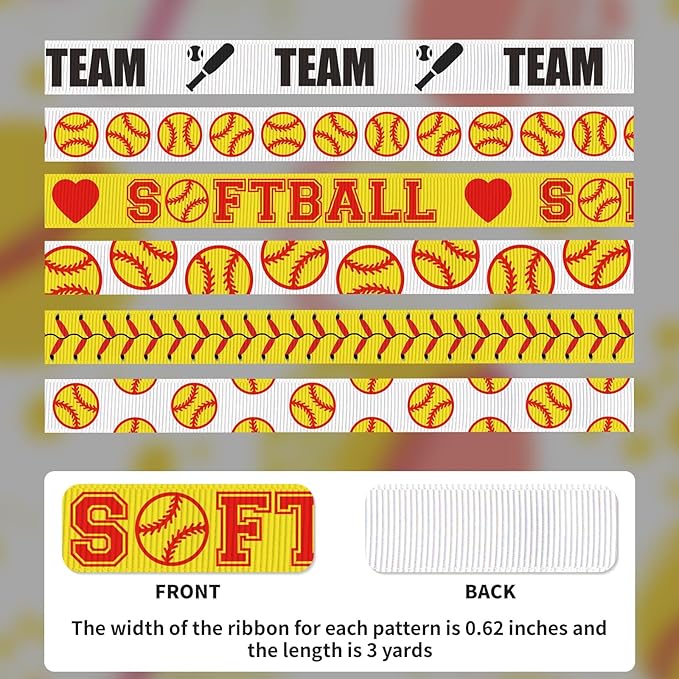 Softball Ribbon, 6 Pack (5/8 Inch x 3 Yards Each), Grosgrain Sport Ball Ribbon for Hair Bows, Team Banners, Crafts, DIY Headbands, Gifts
