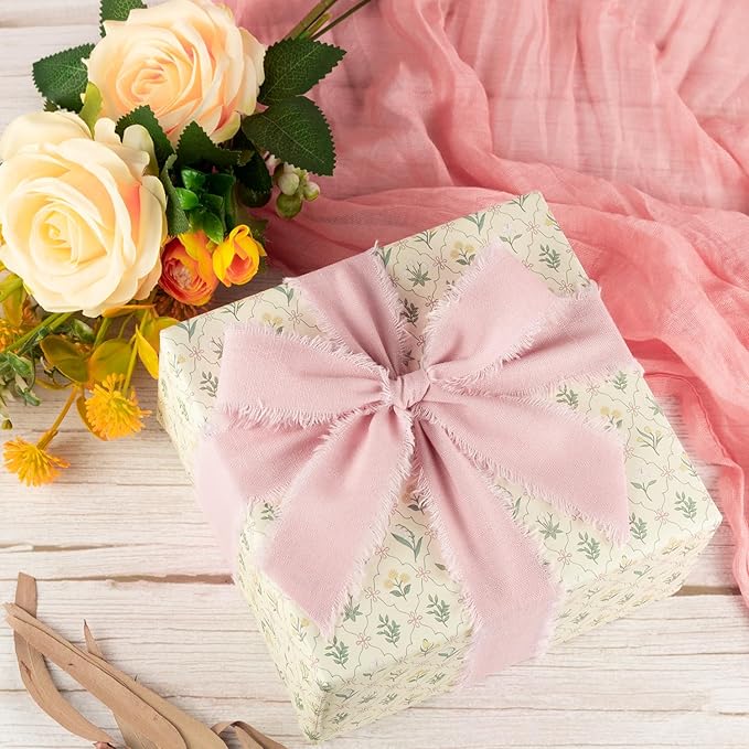 Pink & Ivory Cotton Ribbon 1-1/2 Inch Dusty Pink, Soft Pink & Cream 3 Rolls 21 Yards Frayed Edge Fabric Set for Rustic Wedding Decor, Engagement Party, Bridal Bouquet Wrap & Gift Wrapping