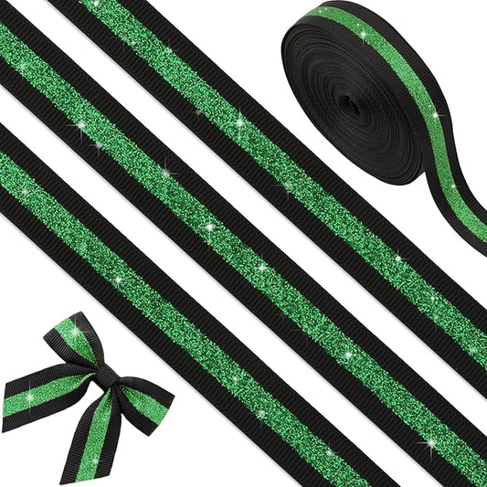 Black Green Glitter Grosgrain Ribbon 5/8" x 10 Yards, No-Shed Cheer Ribbon for Cheerleading Hair Bows, Homecoming Mum Supplies,School Spirit,St Patricks Day Decorations Gift Wrapping Crafts
