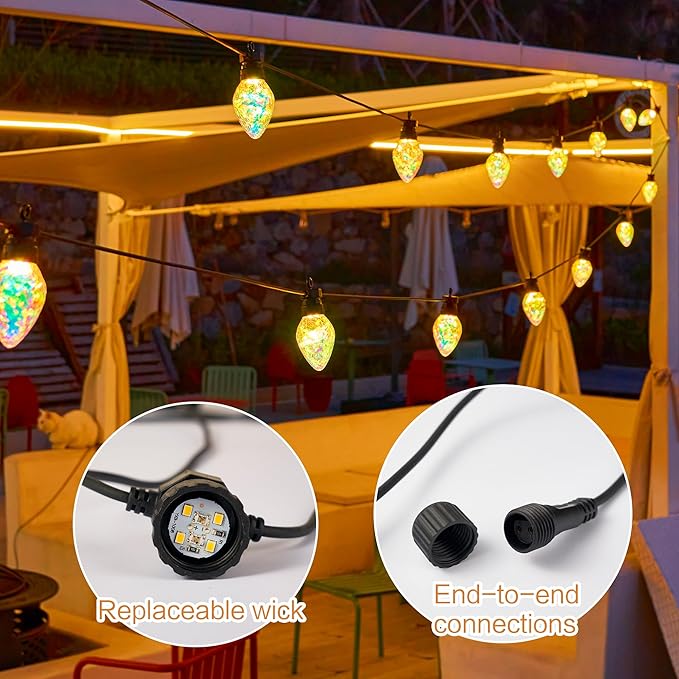 Outdoor String Lights, 66FT 27 LED Iridescent Holographic Bulbs, Waterproof Patio Lights with Remote Control, Shatterproof Connectable Lights for Backyard, Porch, Garden, and Party