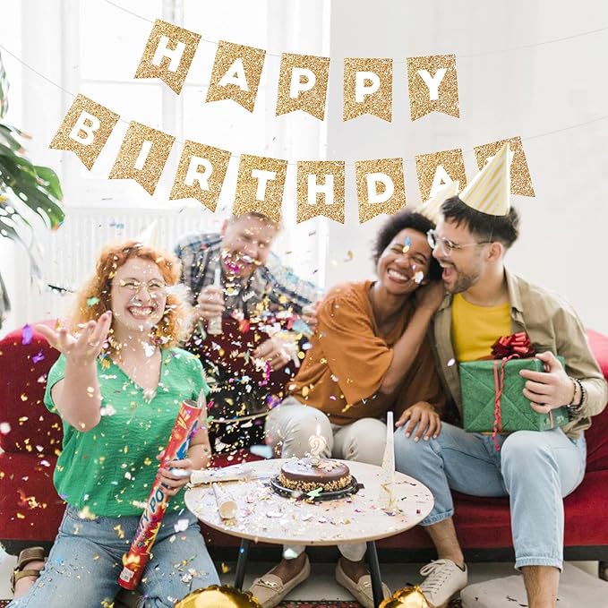 Hooqict Gold Happy Birthday Banner Sign for Backdrop Gold Happy Birthday Decorations for Women Men Kids 1st 2nd 3rd Party Supplies Wall Door Banner Garland Bunting Flag