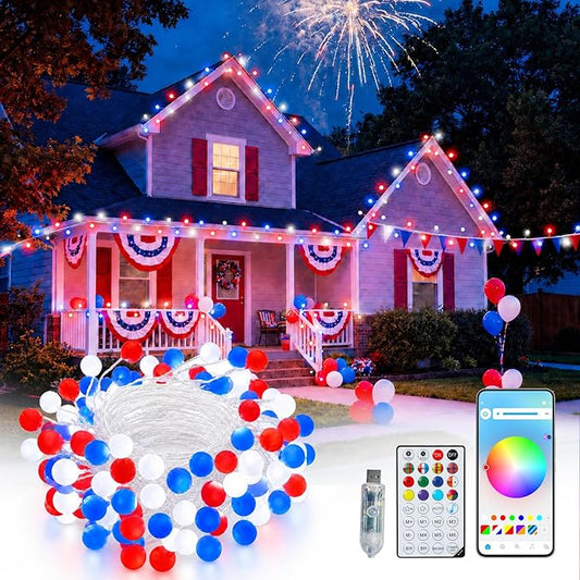 echosari Smart 4th of July Lights Plug in, 10FT 60 LED Color Changing Globe Fairy Lights RGB Built in Chip with App Remote Control, Firecracker String Lights for Indoor Bedroom Party Holiday Decor