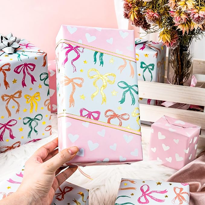 MAYPLUSS Girl Wrapping Paper Roll, Girly Bow Wrapping Paper, Reversible Elegant Bows Pink Gift Wrap for Birthday, Girl Baby Shower, Wedding, Christmas, Valentine's Day, Bachelorette(17 In X 33 Ft)