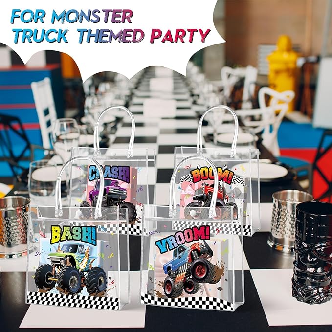 Aliceset 20 Pcs Truck Party Clear Favor Bags with Handles Monster Racing Car Party Treat Bags Truck Race Themed Decorations for Birthday Baby Shower Goodie Supplies, 8x8x3.15 inch
