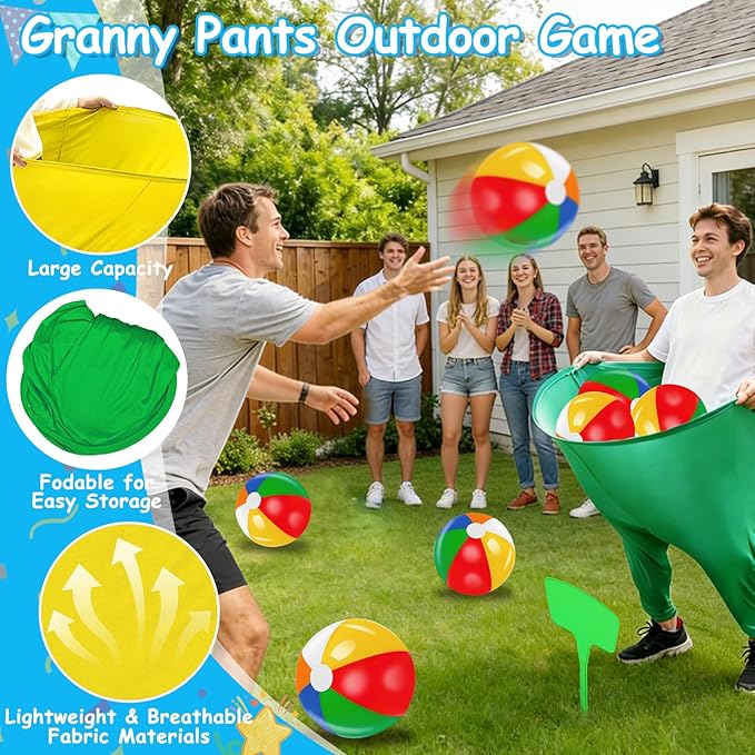 Granny Pants Yard Game, Granny Pants Outdoor Party Game with 2 Pants 10 Bouncy Balls, 2 Ground Stakes and 1 Storage Bag for Team Relay, Family Birthday Party Gift, School Carnival Activities