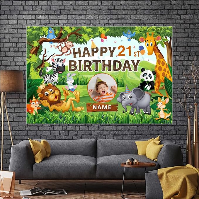 Custom Wild Jungle Theme 21st Birthday Decorations Banner - Personalized Fabric Banner for 21st Birthday Party Supplies