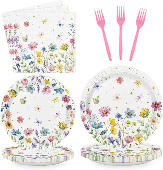 Wildflower Paper Plates and Napkins Disposable Set for 24 Guests, 96 Pcs Spring Floral Party Supplies for Baby Shower Birthday Wedding Tea Party Picnic Decorations