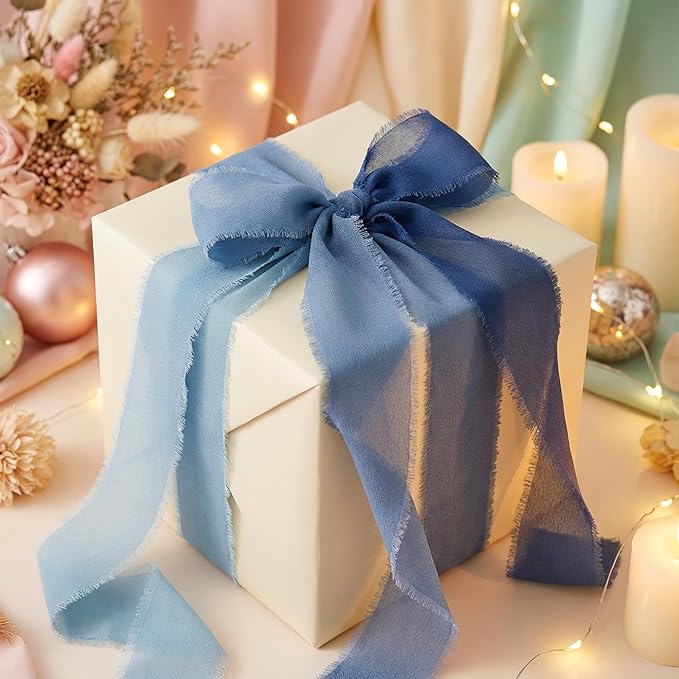 Gray Blue Chiffon Ribbon Set, 3 Pack 1.5 Inch Frayed Edge Polyester Chiffon Ribbon, 21 Yards Total Gray-Blue Palette for Wedding Bouquets, Invitation Styling and Gift Wrapping