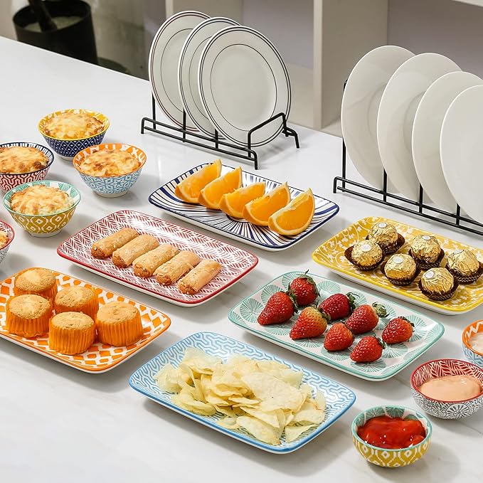 KitchenTour Rectangular Serving Platter, 8 inch Ceramic Dinner Plates Serving Trays Set of 6 for Salad, Appetizers, Sushi, Fruit, Microwave and Dishwasher Safe