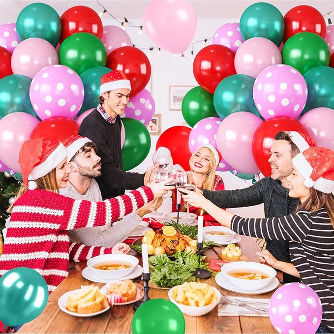 Red Pink Green Balloons with Pink Polka Dots Print Balloon, Pearl Turquoise Blue Dark Green Xmas Party Balloon for Birthday Carnival New Year Holiday Christmas Party Decorations