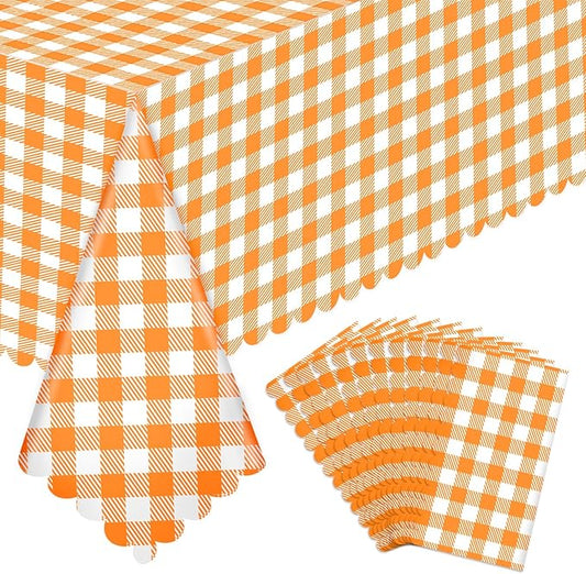 NatNarr 12 Pack Orange Gingham Tablecloth, 54 X 108Inch Plastic Orange Checkered Table Cloth Disposable Scalloped Tablecloths Waterproof Plaid Table Cover for Picnic Wedding Birthday Outdoors Party