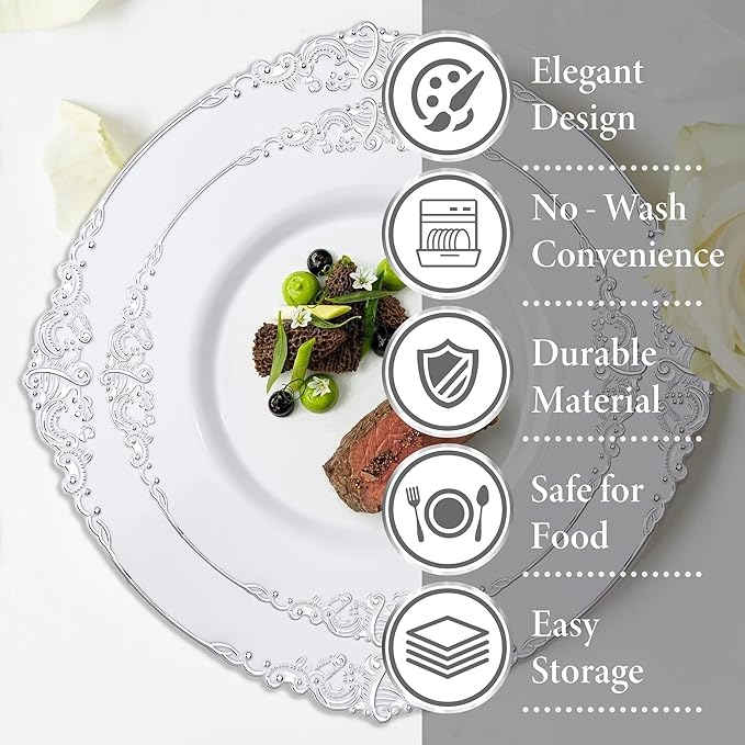 Nervure 350PCS Silver Plastic Dinnerware - White and Silver Disposable Plates for 50 Guests - 100 Disposable Plates, 150 Plastic Silverware, 50 Cups, 50 Napkins for Wedding & Party
