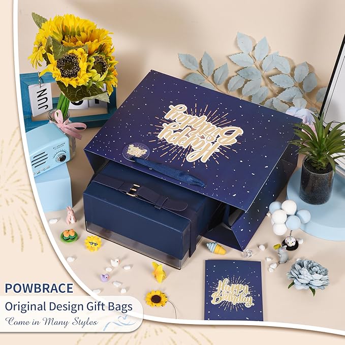 Powbrace 13" Blue Happy Birthday Gift Bag with Tissue Paper and Greeting Card for Party,Happy Birthday Gift Bag for Men Women, Gift Bags Medium size(2 PCS Blue)