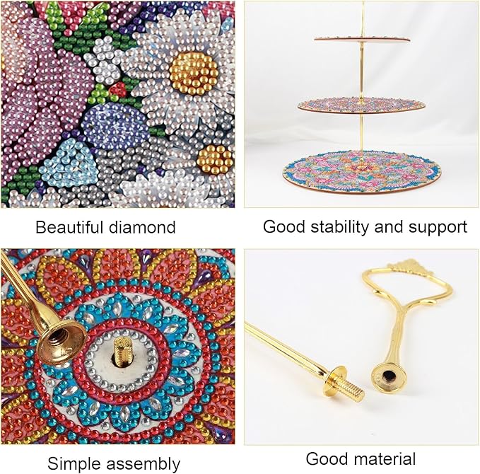 DoxQcs 3 Tier Wooden Diamond Art Painting Cake Cupcake Display Stand Round Cupcake Stand Dessert Tower Pastry Tray Platter for Tea Party Wedding Birthday-Flowers-2
