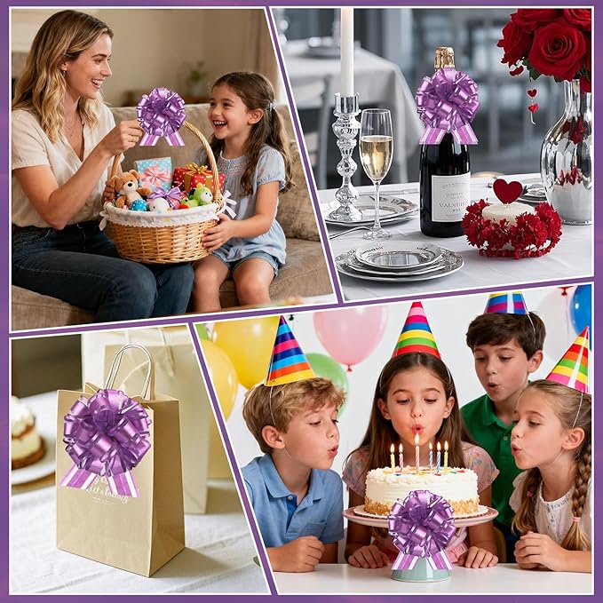 24pcs Purple Pull Bow for Gift Basket Wrapping Xmas Gift Bows Presents Adhesive Wrap Ribbon Bow for Christmas Tree Ornament Wine Bottles Bouquet Flower Valentine's Day Party Decor (Purple-G)