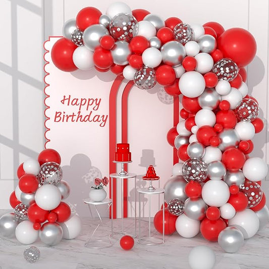 Red White Silver Balloon Garland Arch Kit, 122PCS Red White Balloons Metallic Silver Balloons for Women Brithday Wedding Anniversary Engagement Bridal Shower Happy New Year Christmas Party Decorations