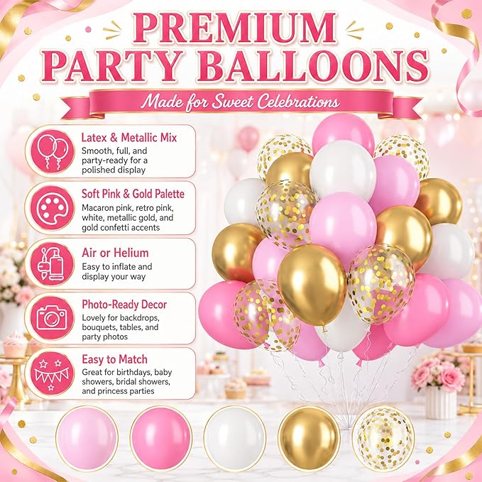 Pink and Gold Balloons 60PCS Pink White and Gold Balloon Set, 12 Inch Metallic Golden Confetti Latex Balloons for Women Girls Birthday Baby Shower Bridal Shower Wedding Princess Party Decor