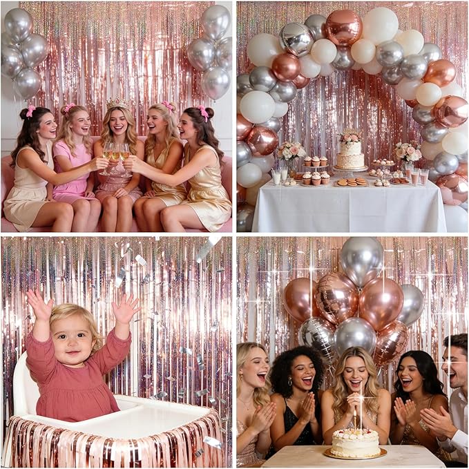 4 Packs Rose Gold Foil Fringe Curtain, Rose Gold Glitter Metallic Tinsel Backdrop for Birthday Wedding Bridal Baby Shower Engagement Bachelorette Party Decorations Supplies