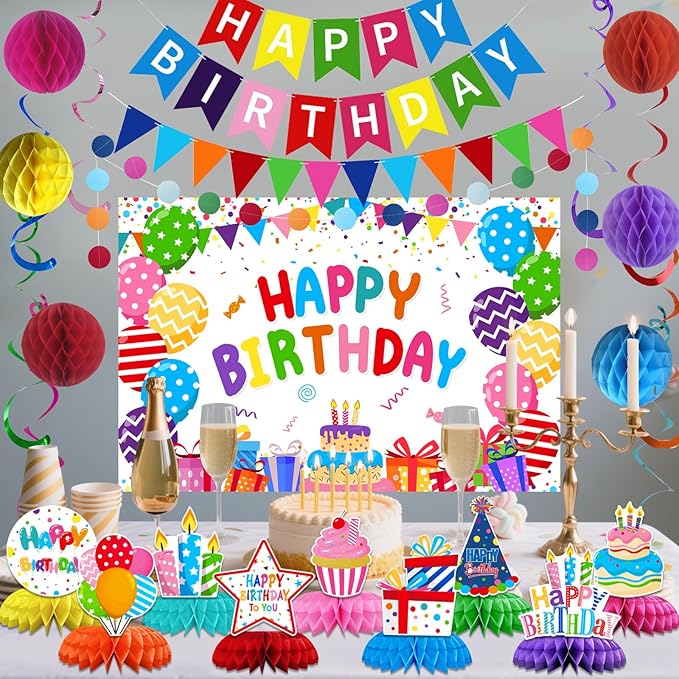 Colorful Happy Birthday Party Decoration Set – Rainbow Banner, Hanging Swirls, Honeycomb Balls, Backdrop & Table Centerpieces for Fun Birthday Celebrations