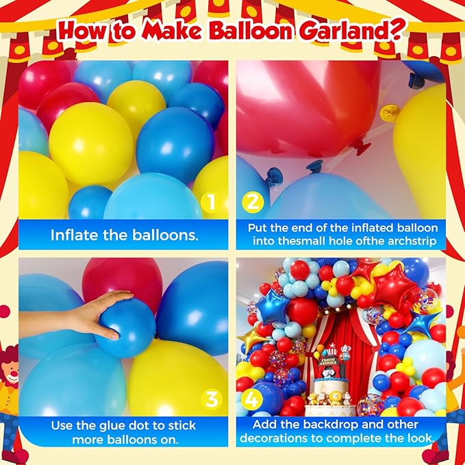 Carnival Circus Balloon Garland Arch Kit 153pcs with Star, Red Blue Yellow Primary Color Balloons Rainbow Multicolor Confetti Balloons for Birthday Circus Theme Carnival Party Theme Decoration