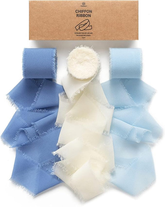 Vitalizart Blue Handmade Chiffon Silk Ribbon Fringe 1.5" x 21 Yd Dusty & Baby Blue Frayed Edges Ribbons for Wedding Invitations Bridal Bouquets Gifts Wrapping Crafts Holiday Party Decorations
