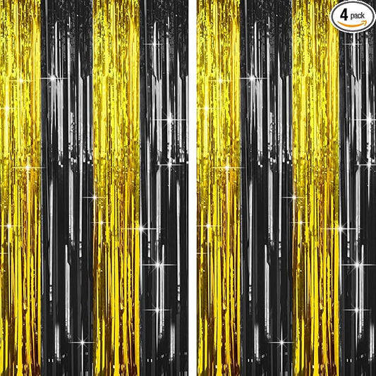 4 Packs Black and Gold Foil Fringe Curtain, Black Gold Metallic Tinsel Backdrop for Birthday, Wedding, Graduation Decorations 2025, Anniversary, Retirement Party Decorations Supplies