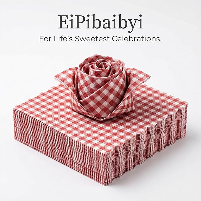 100 Pcs Red Gingham Cocktail Napkins Bulk, Paper Napkins Disposable for Party, Birthday & Wedding, 6.5" Pure Wood Pulp Dinner Napkins, Beverage Napkins