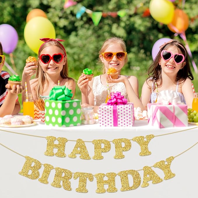 Gold Happy Birthday Banner Birthday Party Decorations Happy Birthday Banner Bunting Garland Sign for Kids Boys Girls Adults Birthday Baby Shower Celebration Party Backdrops Supplies