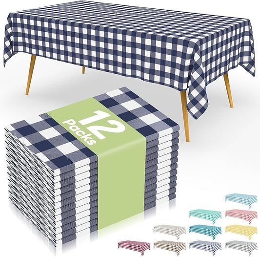 Smiry 12 Packs Gingham Disposable Table Cloth, 54 x 108 Inch Waterproof Plastic Tablecloth, Rectangle Navy and White Checkered Table Covers for Picnic, Birthday, Party