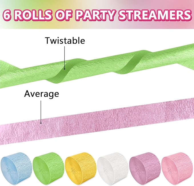 Metallic Pastel Crepe Paper Streamers 6 Rolls, 2.2" x 123 Ft Birthday Streamers Party Decorations for Baby Shower Bachelorette Bridal Shower Graduation Wedding Engagement Anniversary
