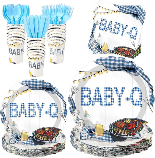 Havawish 168 Pcs BBQ Party Baby Shower Tableware Blue Plaid Disposable Plates Cups Napkins Cutlery Baby Q Birthday Gender Reveal Party Supplies for 24 Guests