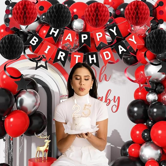 Red and Black Birthday Decorations, Black Happy Birthday Banner, Red Happy Birthday Decorations for Men Women and Girls Birthday Party Decorations