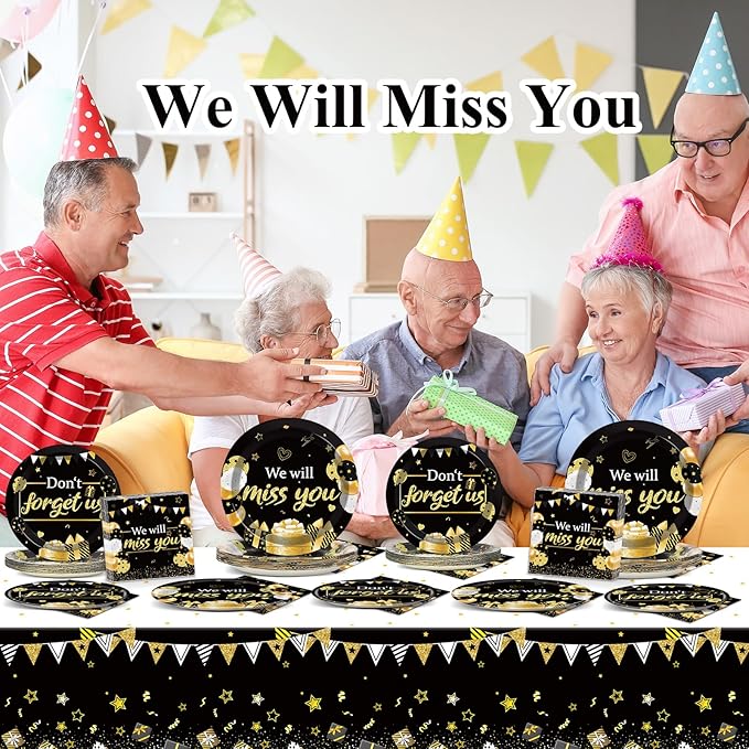 50 Guests We Will Miss You Plates and Napkins Party Supplies Farewell Party Decoration Disposable Paper Cake Tableware Set Black and Gold Goodbye Party Dinnerware Favor for Employee Retirement, 200PCS