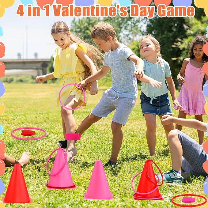 33pcs 4 in 1 Valentines Day Games for Kids with Ring Toss, Plastic Cones, Bean Bags, 3-Legged Race Bands, Carnival Valentine's Games Activity Combo Set for Kids Classroom Indoor Outdoor Party Yard