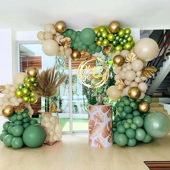 Sage Green and Gold Balloon Arch Garland Kit, Olive Metallic Chrome Green Gold Latex Balloons, Beige Cream Balloons for Wedding Bridal Baby Shower Gender Reveal Birthday Jungle Party Decorations