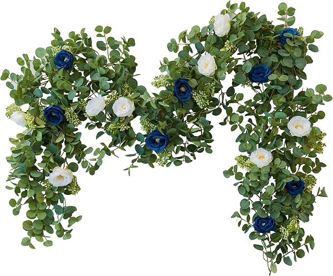 PARTY JOY 6.56ft Eucalyptus Garland with Flowers-8 Blue White Roses, Artificial Fake Flowers Greenery Garland Floral Vines for Decoration Party Wedding Table Indoor Outdoor Backdrop Wall Decor