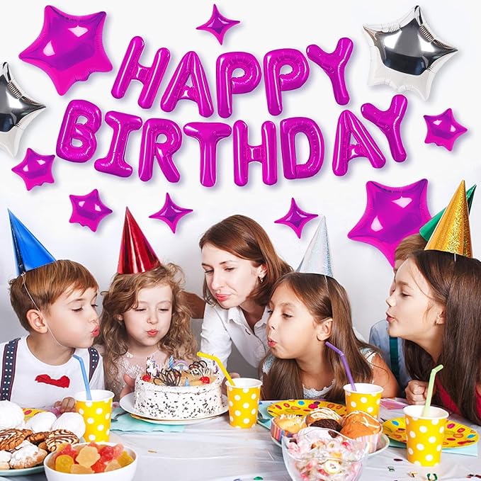 CANREVEL Happy Birthday Banner 13pcs 16 Inch Mylar Foil Letters with 12pcs Star Balloons Birthday Party Decorations for Kids and Adults - 3D Hot Pink