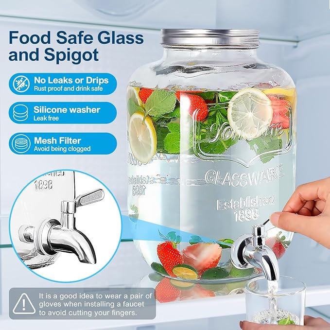 1 Gallon Glass Drink Dispenser with Acrylic Stand, Airtight & Leakproof Lemonade Sun Tea Jar with Lid and Spigot, Beverage Dispenser for Parties, Weddings, Lemonade & Laundry Detergent Dispenser