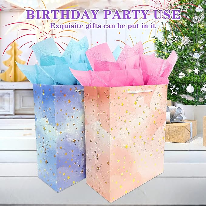 BLESZSING Gift Bag Birthday Large Gift Bags Set Included 2 Pack Paper Gift Bags with Tissue Paper Colorful Pink Blue Gift Bags 125 Large Size Blue Pink and Star Large (Pack of 2)