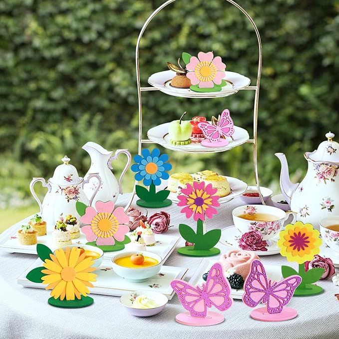 SUNBEAUTY 18PCS Flower Felt Centerpieces for Tables Flower Butterfly Birthday Party Decorations for Spring Table Decoration Home Office Girl Birthday Mother's Day Decorations
