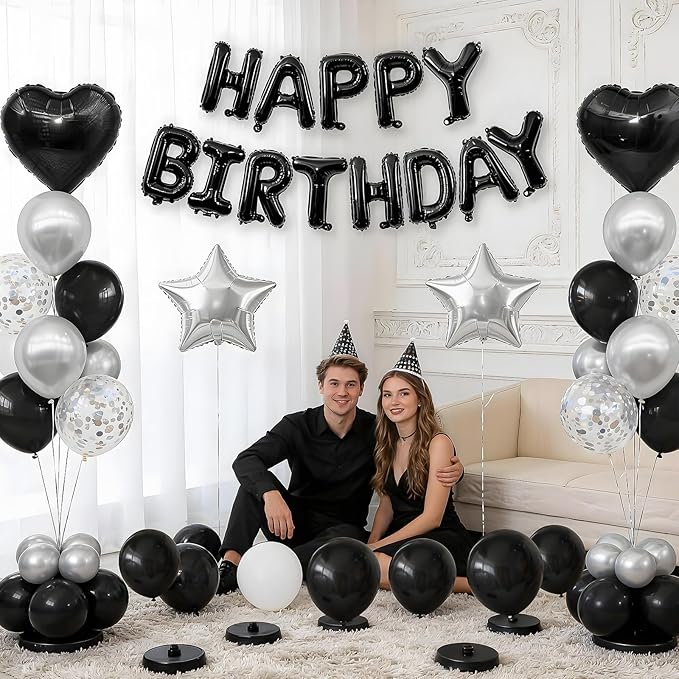 Black and Silver Birthday Decorations,Black and Silver Balloons Happy Birthdays Banner Balloon Heart and Star Foil Balloons for Men Boy Birthday Baby Shower Party Decorations
