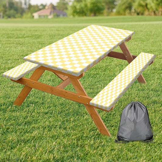 Picnic Table Cover with Bench Covers and Bag, Yellow White Checkered Gingham Buffalo Plaid Camping Tablecloth Waterproof Windproof Elastic Edges Fitted Tablecloths for Outdoor Garden 3PCS 30x72 Inch