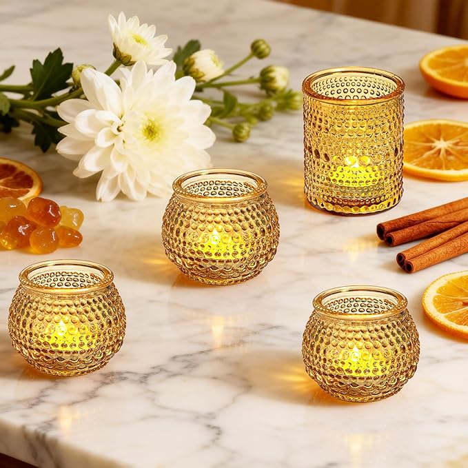 Rubtlamp Amber Votive Candle Holders Set of 24, 12Pack 2.1 * 2.7inch Glass Vintage Candles Holder 12Pack 2.1 * 2.1inch Tea Lights Candle Holders for Table Centerpiece Wedding Decor Home Decoration
