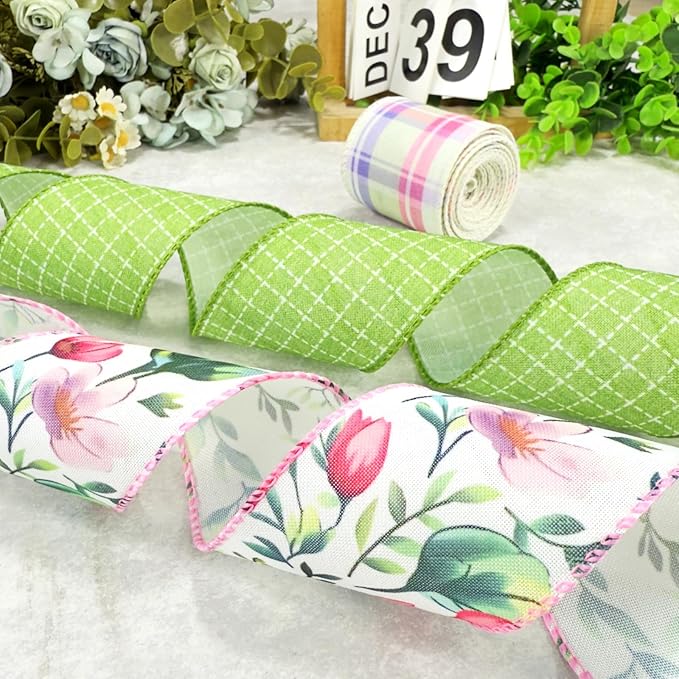 Spring Summer Floral Wired Ribbon, Green Grid Pink Plaid Floral Pattern Craft Ribbon for Wreath Bow Making, DIY Crafts, Gift Wrapping, Party Decorations, 3 Rolls, 2.5Inch, 15 Yards (Green)