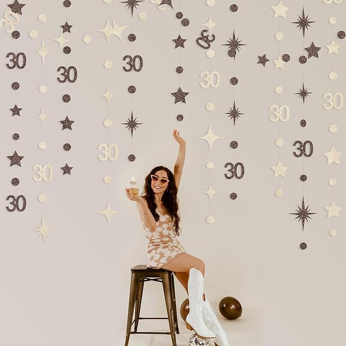 Champagne Gold Brown 30th Birthday Decorations Number 30 Circle Dot Star Garland Streamer Banner Backdrop for Women Men Dirty Thirty Cheers to 30 Years Old Birthday 30th Anniversary Party Supplies