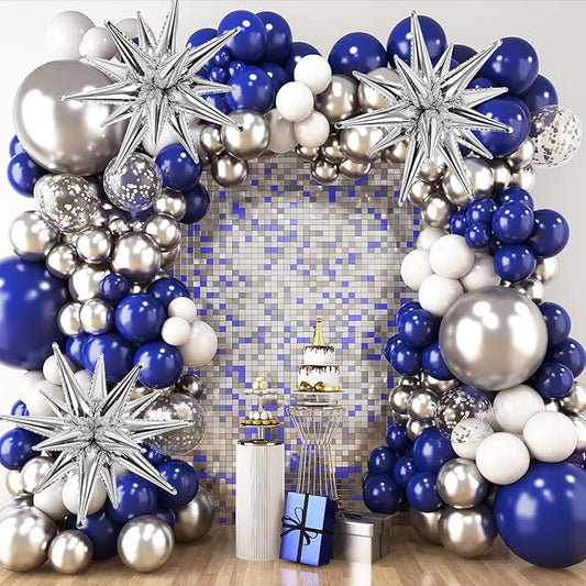 RUBFAC Blue and Silver Balloon Arch Kit, Navy Blue Silver White Graduation Balloons, 140pcs Confetti Star Latex Balloons for Birthday Wedding New Year Party Decorations