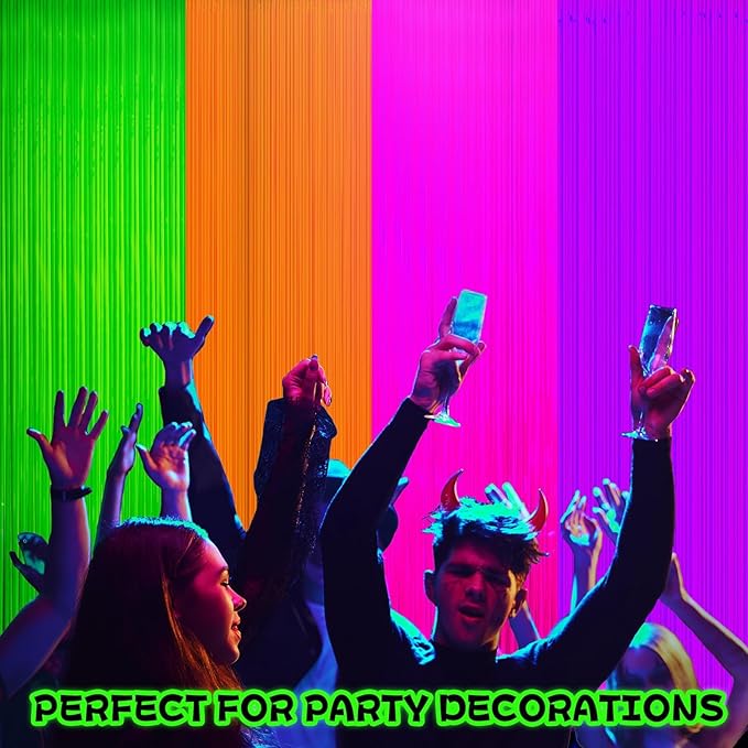 4 Pack Glow in The Dark Curtains Party Supplies 6.6 x 3.3 Ft Glow Tinsel Foil Fringe Curtains Colorful Photo Booth Prop Backdrop Streamer for Birthday Holiday Neon Party Decorations